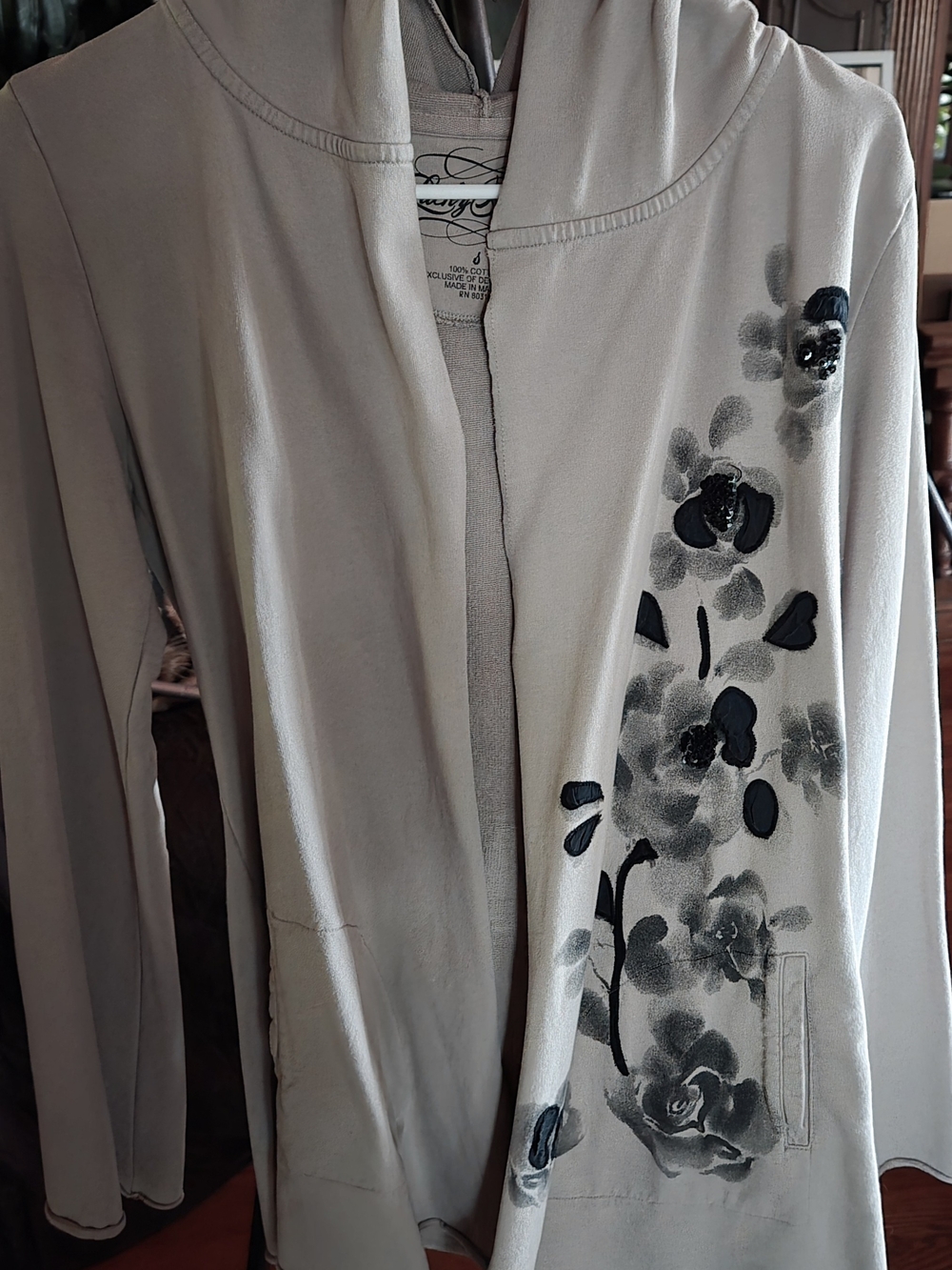 Lucky Brand Light Gray Hooded Jacket  with Black Floral Accents - Picture 2 of 4